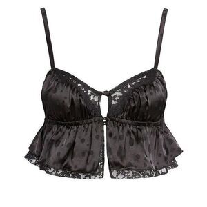 For Love And Lemons Black Satin Polka Dot Lace-Trim Crop Top